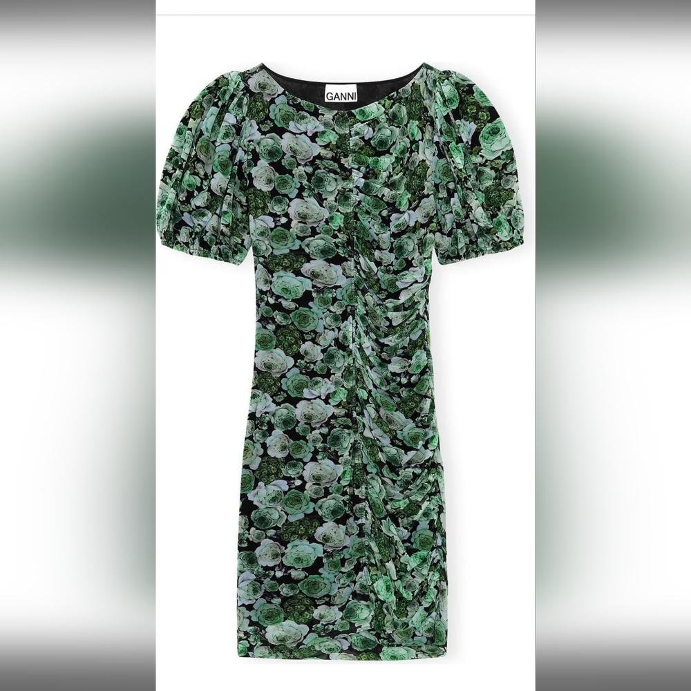 GANNI ruched floral mesh dress